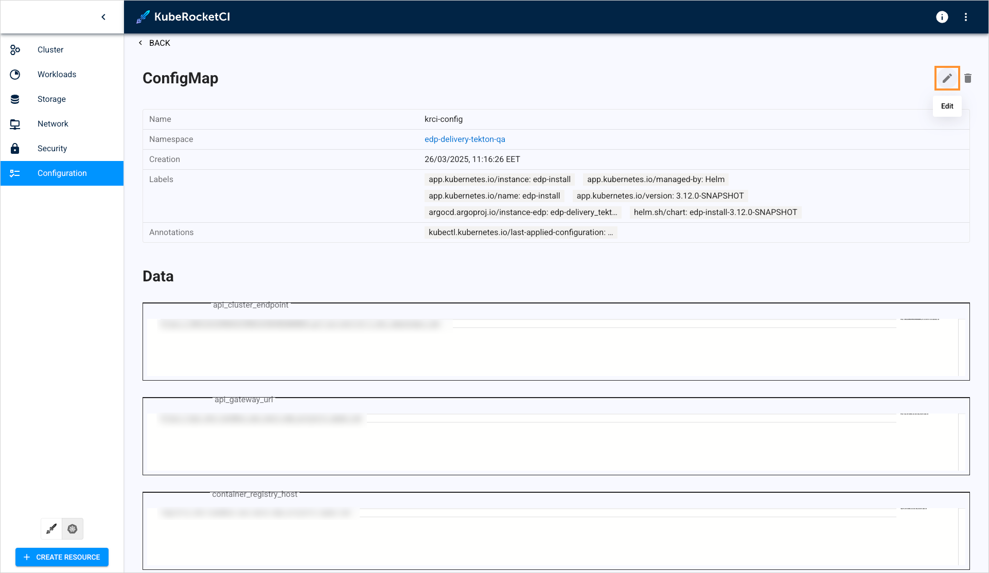 Edit config map Edit config map