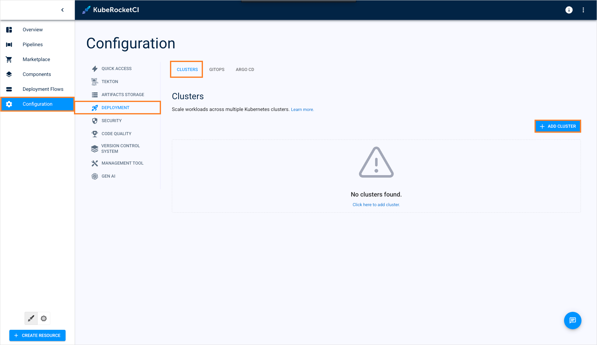 Clusters menu Clusters menu