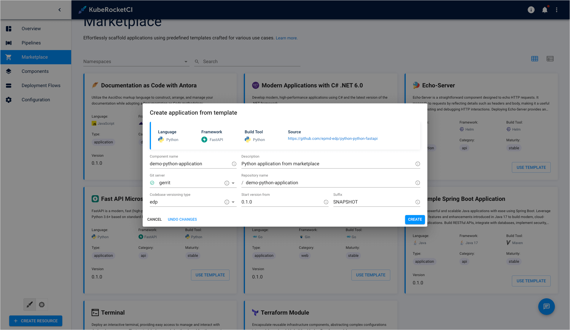 Creating from template window Creating from template window